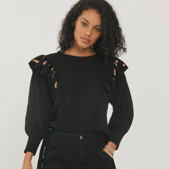 Something Navy Linen blend Louise Embroidered Ruffle Sweater‎ S - Picture 1 of 11